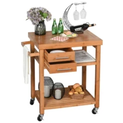 HOMCOM Bamboo Kitchen Island Cart On Wheels, Utility Trolley Cart With 2 Storage Drawers And Open Shelves, Natural -Homcom GUEST b36230fb ce14 4834 b6de 14b8d56cd75f