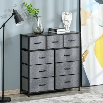 HOMCOM 9 Drawers Storage Chest Dresser Organizer Unit W/ Steel Frame, Wood Top, Easy Pull Fabric Bins, For Bedroom, Hallway, Closet, Entryway 1 HOMCOM 9 Drawers Storage Chest Dresser Organizer Unit W/ Steel Frame, Wood Top, Easy Pull Fabric Bins, For Bedroom, Hallway, Closet, Entryway
