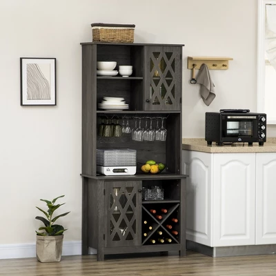 HOMCOM 72" Kitchen Pantry, Buffet With Hutch, Cupboard For Microwave, With 2 Door Cabinet, Wine Glasses Rack And 12-Bottle Wine Rack, Dark Grey 2 HOMCOM 72" Kitchen Pantry, Buffet With Hutch, Cupboard For Microwave, With 2 Door Cabinet, Wine Glasses Rack And 12-Bottle Wine Rack, Dark Grey - Image 2