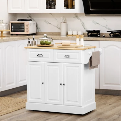 HOMCOM Kitchen Island With Storage Rolling Kitchen Serving Cart With Rubber Wood Top Towel Rack Storage Drawer And Cabinet White 2 HOMCOM Kitchen Island With Storage Rolling Kitchen Serving Cart With Rubber Wood Top Towel Rack Storage Drawer And Cabinet White - Image 2