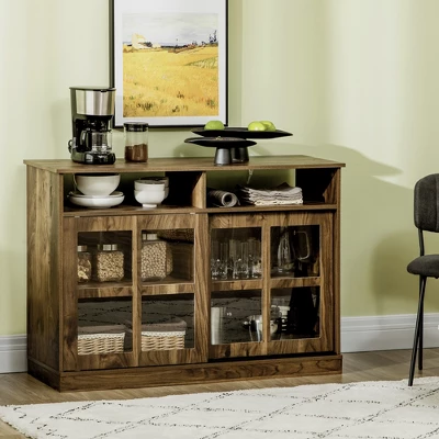 HOMCOM Modern Sideboard With Shelves, Buffet Cabinet With Storage Cabinets, Adjustable Shelf, Sliding Doors For Living Room, Kitchen, Walnut 1 HOMCOM Modern Sideboard With Shelves, Buffet Cabinet With Storage Cabinets, Adjustable Shelf, Sliding Doors For Living Room, Kitchen, Walnut