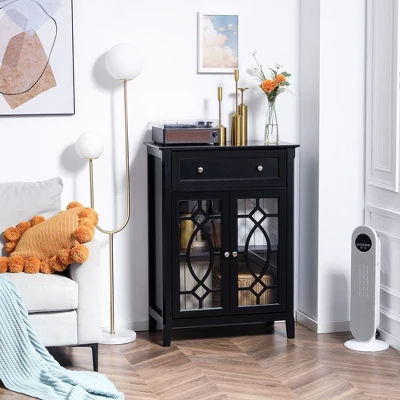 HOMCOM Kitchen Cabinet, Storage Cabinet, Sideboard Floor Accent Cabinet W/ 2 Glass Doors, Drawer, Adjustable Shelves For Living Room Entryway, Black 2 HOMCOM Kitchen Cabinet, Storage Cabinet, Sideboard Floor Accent Cabinet W/ 2 Glass Doors, Drawer, Adjustable Shelves For Living Room Entryway, Black - Image 2