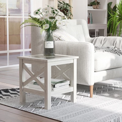 HOMCOM Farmhouse End Table, Sofa Side Table With Tempered Glass Top, Coffee Table With Underneath Storage Shelf For Living Room, Bedroom, White Oak 2 HOMCOM Farmhouse End Table, Sofa Side Table With Tempered Glass Top, Coffee Table With Underneath Storage Shelf For Living Room, Bedroom, White Oak - Image 2