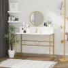 HOMCOM Modern Vanity Makeup Desk With Mirror, Dressing Table With Open Storage, Faux Marble Finish And Steel Frame For Bedroom, White And Gold