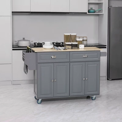 HOMCOM Rolling Kitchen Island On Wheels Utility Cart With Drop-Leaf And Rubber Wood Countertop, Storage Drawers, Door Cabinets, Dark Gray 1 HOMCOM Rolling Kitchen Island On Wheels Utility Cart With Drop-Leaf And Rubber Wood Countertop, Storage Drawers, Door Cabinets, Dark Gray