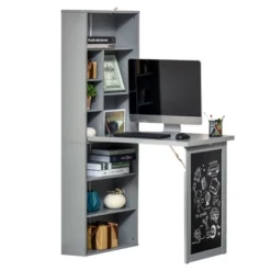 HOMCOM Fold-out Convertible Writing Table Wall Mount Desk Cabinet With Blackboard And Side Shelf Multi-Function Home Office Workstation, Gray -Homcom GUEST d17b68f4 3319 4f30 8f96 5a9681105407
