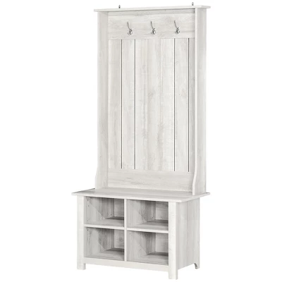HOMCOM Hall Tree With Shoe Storage Bench, Entryway Bench With Coat Rack, Accent Coat Tree With Adjustable Shelves For Mud Room, Distressed White 3 HOMCOM Hall Tree With Shoe Storage Bench, Entryway Bench With Coat Rack, Accent Coat Tree With Adjustable Shelves For Mud Room, Distressed White - Image 3
