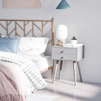 HOMCOM Modern Bedside Table With 2 Pull Out Drawers, Side End Table With Display Tabletop And Solid Acacia Legs, Gray 2 HOMCOM Modern Bedside Table With 2 Pull Out Drawers, Side End Table With Display Tabletop And Solid Acacia Legs, Gray - Image 2