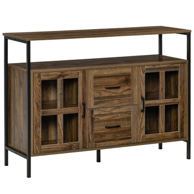 HOMCOM Rustic Kitchen Sideboard, Serving Buffet Storage Cabinet With Adjustable Shelves, Glass Doors, And 2 Drawers For Living Room 6 HOMCOM Rustic Kitchen Sideboard, Serving Buffet Storage Cabinet With Adjustable Shelves, Glass Doors, And 2 Drawers For Living Room - Image 6