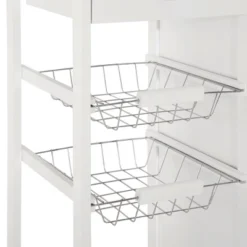 HOMCOM 28" Rolling Kitchen Trolley Serving Cart Storage Cabinet Bamboo Top With Wire Basket & Door Cabinet & Drawers, White -Homcom GUEST d5c780cf b4a7 468b 8b30 6c453c5686fd