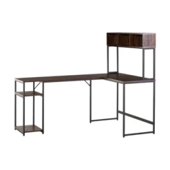 HOMCOM L-Shaped Home Office Desk With Bottom Tower Shelf, 3 Cube Shelves, Computer Writing Desk With Metal Frame, Walnut Brown -Homcom GUEST d669fd5f cdec 45e0 9258 3c98f83e85f4