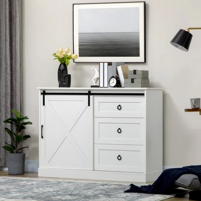 HOMCOM Farmhouse Coffee Bar Cabinet, Kitchen Sideboard, Buffet Cabinet With Sliding Barn Door And 3 Storage Drawers For Living Room, White 1 HOMCOM Farmhouse Coffee Bar Cabinet, Kitchen Sideboard, Buffet Cabinet With Sliding Barn Door And 3 Storage Drawers For Living Room, White