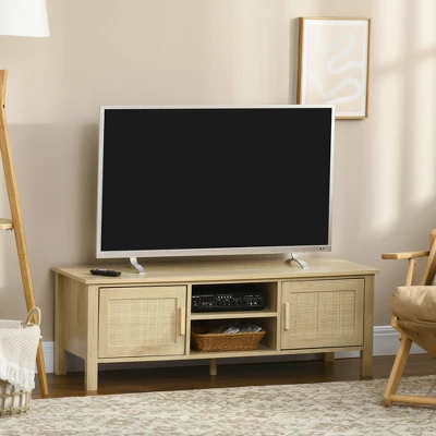 HOMCOM Boho TV Stand For 60 Inch Television, Entertainment Center With Rattan Door, Adjustable Shelf And Storage Cabinets, TV Console Cabinet, Natural 2 HOMCOM Boho TV Stand For 60 Inch Television, Entertainment Center With Rattan Door, Adjustable Shelf And Storage Cabinets, TV Console Cabinet, Natural - Image 2