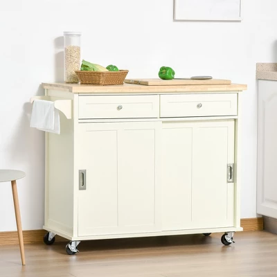 HOMCOM 43" Rolling Kitchen Island, Kitchen Storage Cart On Wheels With Sliding Doors, Cabinet, 2 Drawers, And Towel Rack, Cream White 1 HOMCOM 43" Rolling Kitchen Island, Kitchen Storage Cart On Wheels With Sliding Doors, Cabinet, 2 Drawers, And Towel Rack, Cream White