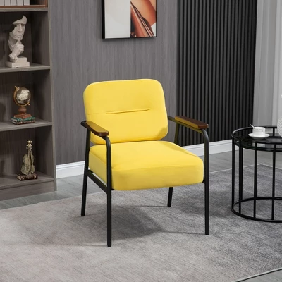 HOMCOM Modern Accent Chair With Cushioned Seat And Back, Upholstered Velvet Armchair For Bedroom, Living Room Chair With Arms And Steel Legs, Yellow 2 HOMCOM Modern Accent Chair With Cushioned Seat And Back, Upholstered Velvet Armchair For Bedroom, Living Room Chair With Arms And Steel Legs, Yellow - Image 2