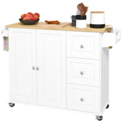 HOMCOM Kitchen Island With Drop Leaf, Rolling Kitchen Cart On Wheels With 3 Drawers, Cabinet, Natural Wood Top, Spice Rack And Towel Rack, White -Homcom GUEST ded0e503 0144 4f5f 8e54 e97a76e8064f