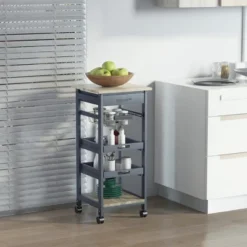 HOMCOM Mobile Rolling Kitchen Island Trolley Serving Cart With Underneath Drawer & Slide-Out Wire Storage Basket, Grey