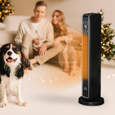 HOMCOM Ceramic Tower Heater, Oscillating Space Heater With Remote Control, Timer, Tip-Over & Overheat Protect, 750W/1500W, Black 1 HOMCOM Ceramic Tower Heater, Oscillating Space Heater With Remote Control, Timer, Tip-Over & Overheat Protect, 750W/1500W, Black