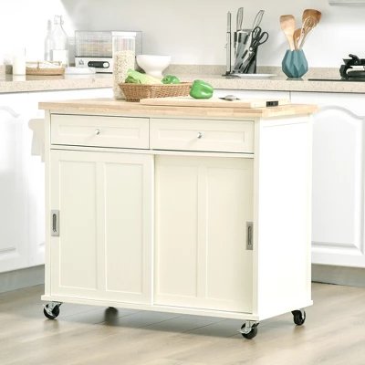 HOMCOM 43" Rolling Kitchen Island, Kitchen Storage Cart On Wheels With Sliding Doors, Cabinet, 2 Drawers, And Towel Rack, Cream White 2 HOMCOM 43" Rolling Kitchen Island, Kitchen Storage Cart On Wheels With Sliding Doors, Cabinet, 2 Drawers, And Towel Rack, Cream White - Image 2