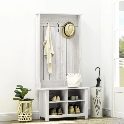 HOMCOM Hall Tree With Shoe Storage Bench, Entryway Bench With Coat Rack, Accent Coat Tree With Adjustable Shelves For Mud Room, Distressed White 1 HOMCOM Hall Tree With Shoe Storage Bench, Entryway Bench With Coat Rack, Accent Coat Tree With Adjustable Shelves For Mud Room, Distressed White