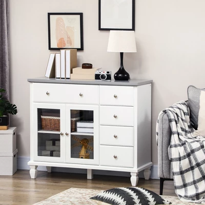 HOMCOM Kitchen Sideboard, Buffet Cabinet With 5 Storage Drawers And Double Glass Door Cupboard For Living Room, White 1 HOMCOM Kitchen Sideboard, Buffet Cabinet With 5 Storage Drawers And Double Glass Door Cupboard For Living Room, White