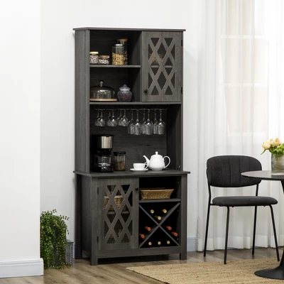 HOMCOM 72" Kitchen Pantry, Buffet With Hutch, Cupboard For Microwave, With 2 Door Cabinet, Wine Glasses Rack And 12-Bottle Wine Rack, Dark Grey 1 HOMCOM 72" Kitchen Pantry, Buffet With Hutch, Cupboard For Microwave, With 2 Door Cabinet, Wine Glasses Rack And 12-Bottle Wine Rack, Dark Grey