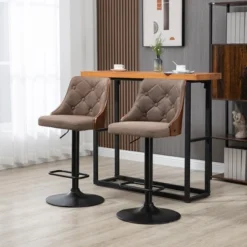 HOMCOM Counter Height Bar Stools Set Of 2, Height Adjustable Swivel Barstools With Footrest And Tufted Back, Linen Fabric Bar Chairs, Brown
