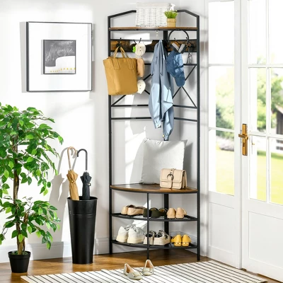 HOMCOM Industrial Corner Hall Tree With Shoe Bench, Entryway Coat Rack, Freestanding Coat Tree With 6 Double Hooks, Rustic Brown 2 HOMCOM Industrial Corner Hall Tree With Shoe Bench, Entryway Coat Rack, Freestanding Coat Tree With 6 Double Hooks, Rustic Brown - Image 2