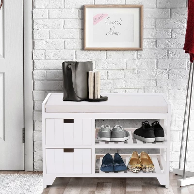 HOMCOM Shoe Cabinet, Wooden Storage Bench With Cushion, Entryway Rack With Drawers, Open Shelves 1 HOMCOM Shoe Cabinet, Wooden Storage Bench With Cushion, Entryway Rack With Drawers, Open Shelves