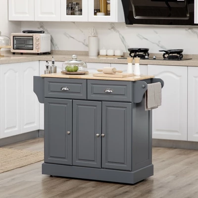 HOMCOM Kitchen Island With Storage Rolling Kitchen Serving Cart With Rubber Wood Top Towel Rack Storage Drawer And Cabinet Grey 1 HOMCOM Kitchen Island With Storage Rolling Kitchen Serving Cart With Rubber Wood Top Towel Rack Storage Drawer And Cabinet Grey