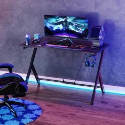 HOMCOM 47 Inch Gaming Computer Desk, Home Office Gamer Table Workstation With Cup Holder, Headphone Hook, Cable Management, Carbon Fiber Surface