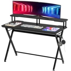 HOMCOM 55 Inch Gaming Desk Racing Style Computer Office PC Gamer Workstation With Elevated Monitor Stand, Headphone Hook, Black -Homcom GUEST faffd4c2 5bd9 4c12 be8d fda795e32607