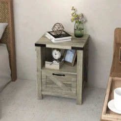 HOMCOM Farmhouse Side Table With 1 Drawer, 1 Open Shelf And Tabletop For Living Room, Gray Oak