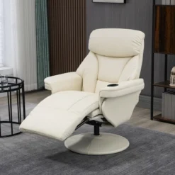 HOMCOM Manual Recliner, Swivel Lounge Armchair With Side Pocket, Footrest And Cup Holder For Living Room, Cream White
