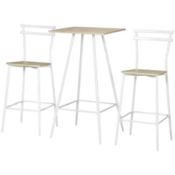 HOMCOM Bar Table And Chairs Set, 3 Piece Dining Table Set For 2 With Steel Frame And Footrest For Bar And Kitchen, White/Oak -Homcom GUEST fe16ac96 ea71 4e05 8b13 5f9dfb0776a3