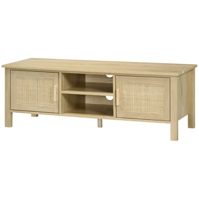 HOMCOM Boho TV Stand For 60 Inch Television, Entertainment Center With Rattan Door, Adjustable Shelf And Storage Cabinets, TV Console Cabinet, Natural 3 HOMCOM Boho TV Stand For 60 Inch Television, Entertainment Center With Rattan Door, Adjustable Shelf And Storage Cabinets, TV Console Cabinet, Natural - Image 3