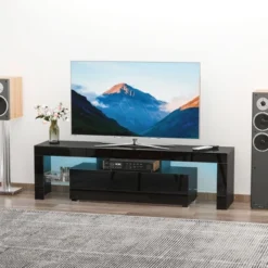 HOMCOM High Gloss TV Stand Cabinet With Remote Controlled LED Lights, Media TV Console Table With Storage Compartment For TVs Up To 65", Black