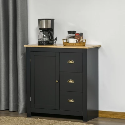 HOMCOM Modern Floor Cabinet, Storage Sideboard, Kitchen Buffet Table With Rubberwood Top, 3 Drawers And Cabinet With Adjustable Shelf 1 HOMCOM Modern Floor Cabinet, Storage Sideboard, Kitchen Buffet Table With Rubberwood Top, 3 Drawers And Cabinet With Adjustable Shelf