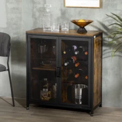 HOMCOM Industrial Wine Rack For 9 Bottles, Retro Liquor Cabinet With Glass Holders, Mesh Doors, And Storage Shelf For Home Bar, Dining Room, Brown