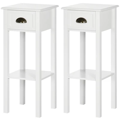 HOMCOM 2-Tier Side Table With Drawer, Narrow End Table With Bottom Shelf, For Living Room Or Bedroom, Set Of 2, White 3 HOMCOM 2-Tier Side Table With Drawer, Narrow End Table With Bottom Shelf, For Living Room Or Bedroom, Set Of 2, White - Image 3